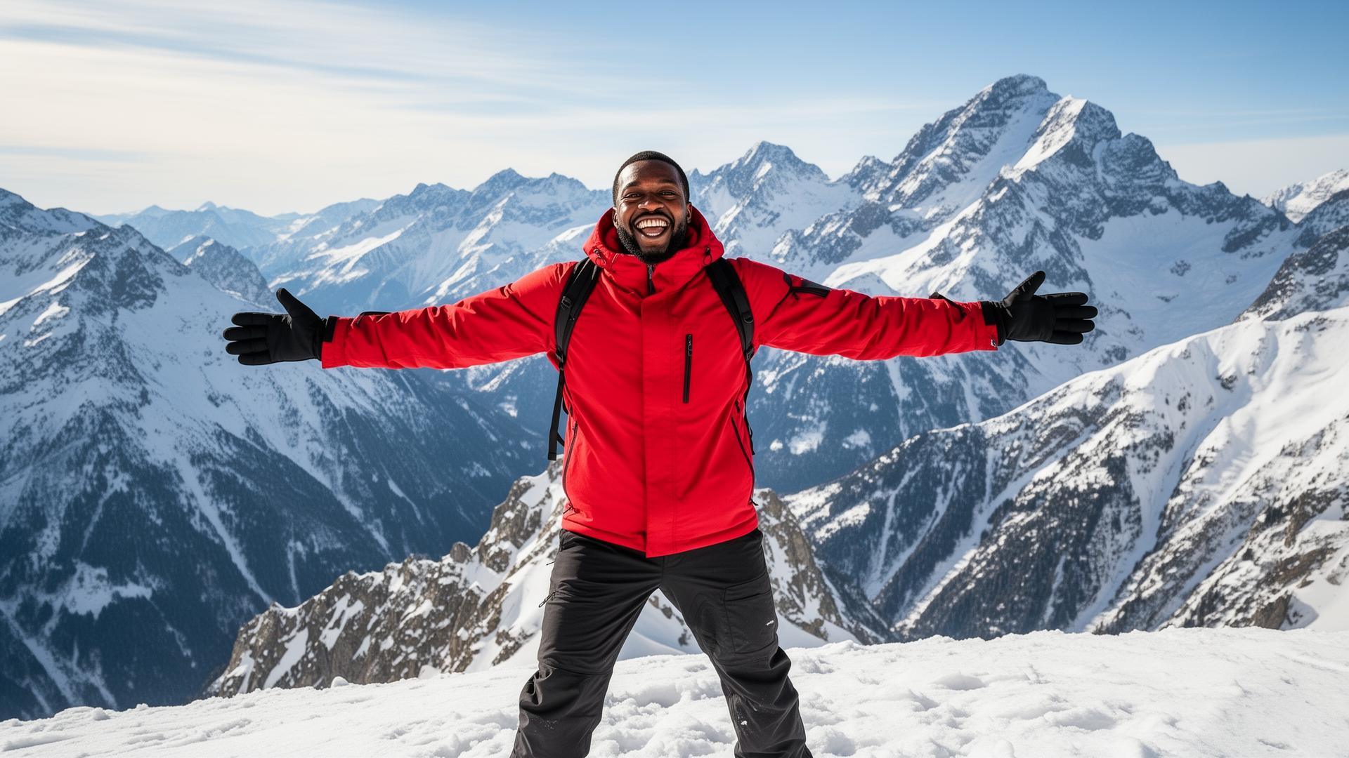 Adventurer celebrating on a mountain peak